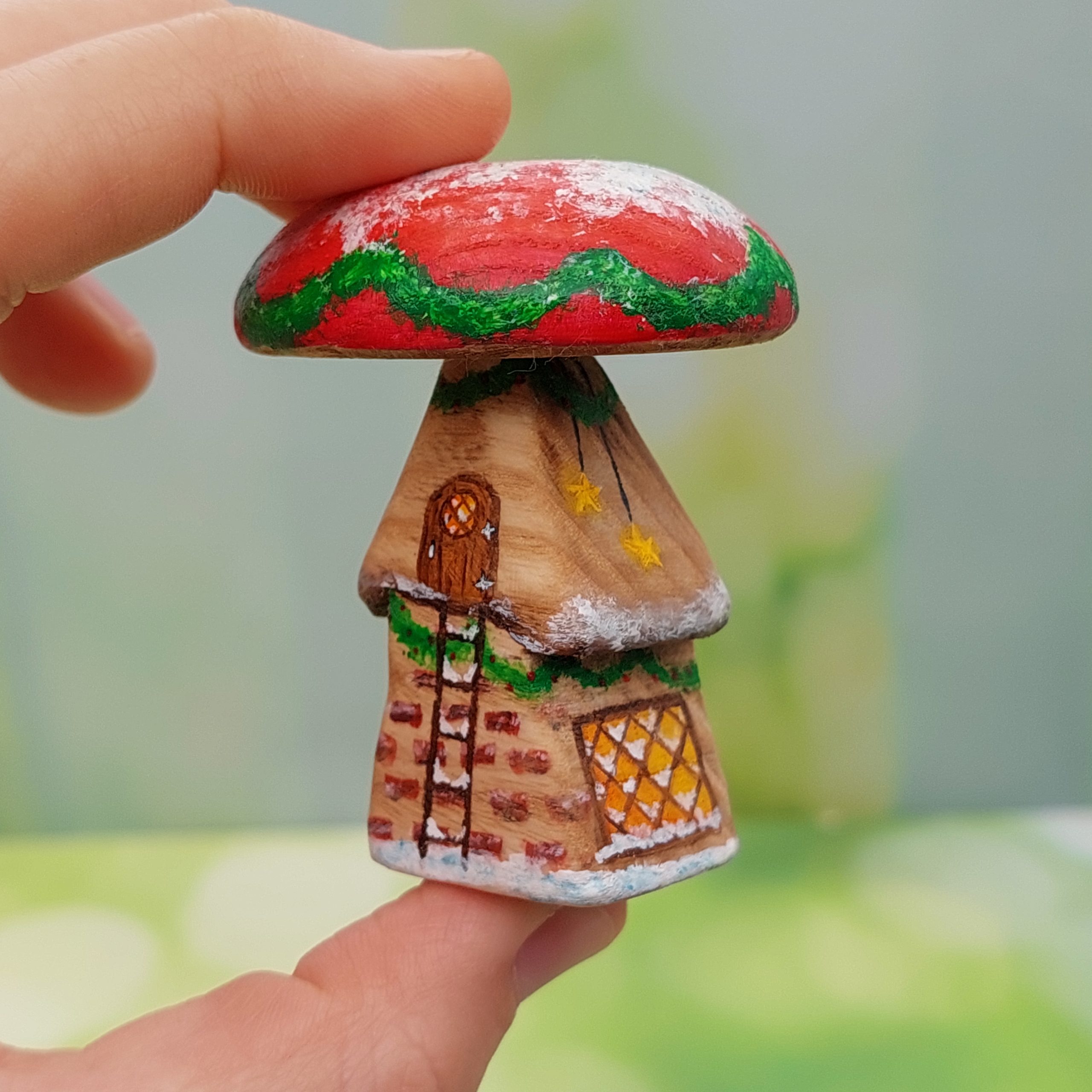 Rustic Brockwork Single Stem Mushroom House in Hand HR - by Good Shepherd Toys